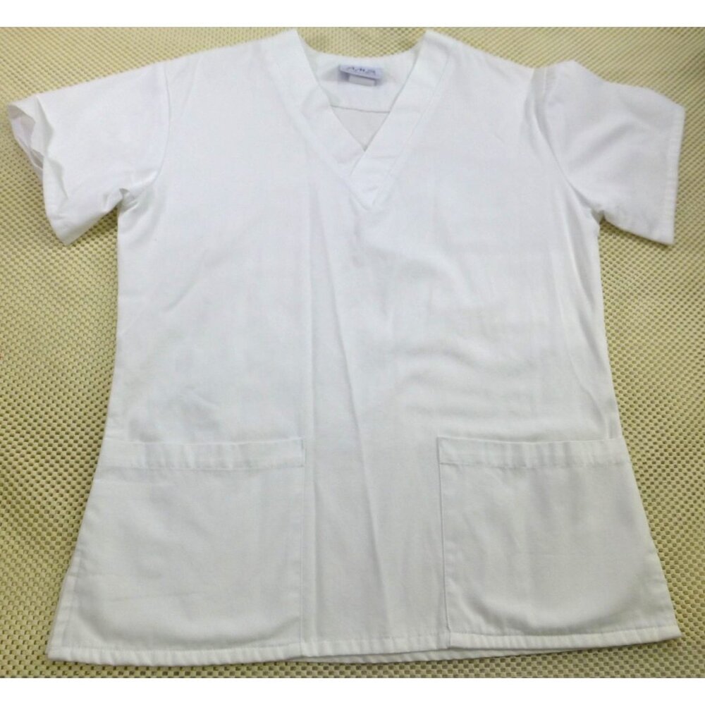 White AMS Nurse Scrub Top With Pockets V-Neck Style 6160 55% Cotton 45% Polyeste
